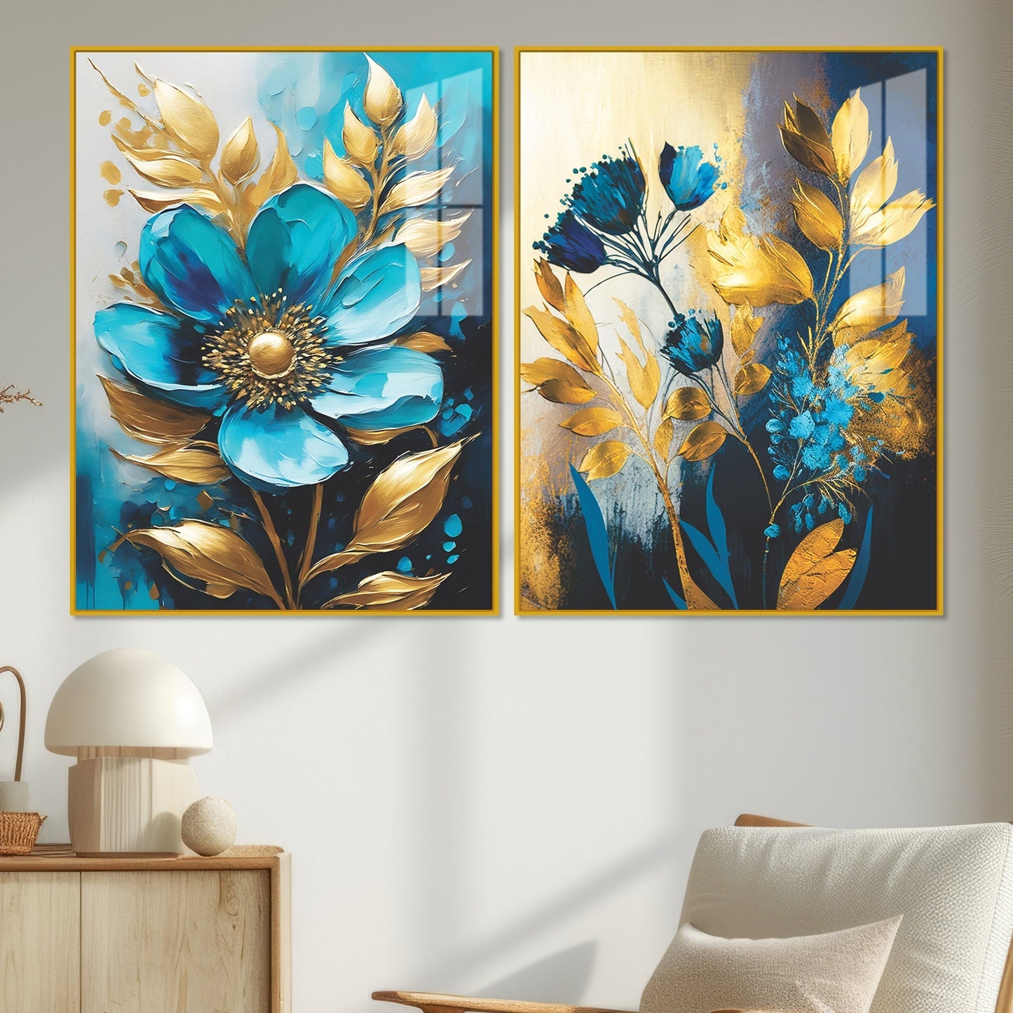 Premium Textuur Blauwe Bloem Artistieke Acryl Zwevende Wand Schilderij Set Van 2