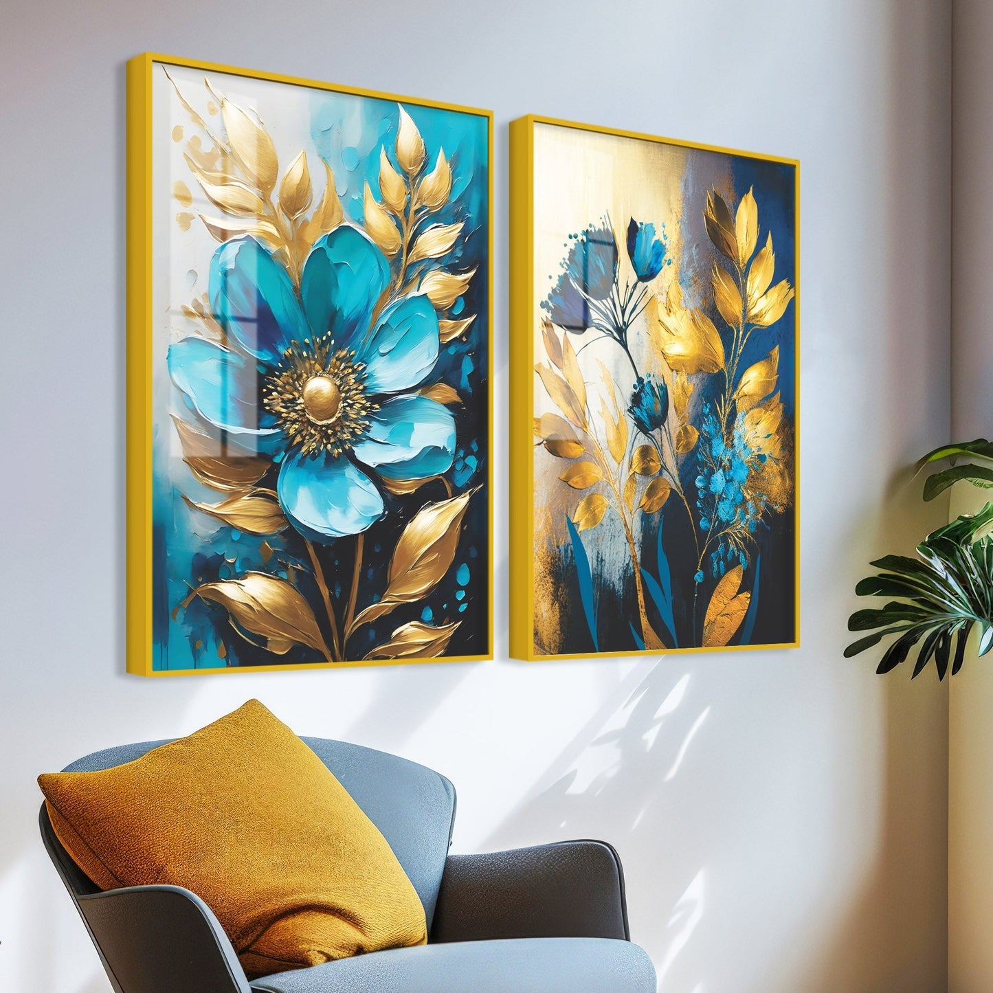Premium Textuur Blauwe Bloem Artistieke Acryl Zwevende Wand Schilderij Set Van 2