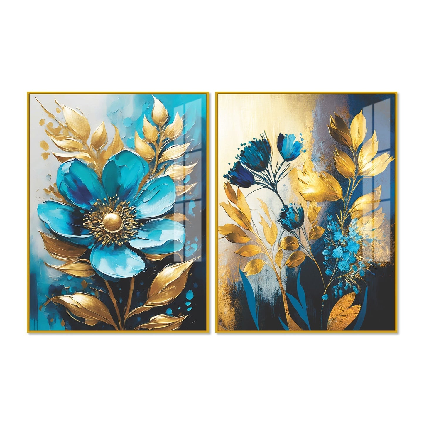 Premium Textuur Blauwe Bloem Artistieke Acryl Zwevende Wand Schilderij Set Van 2