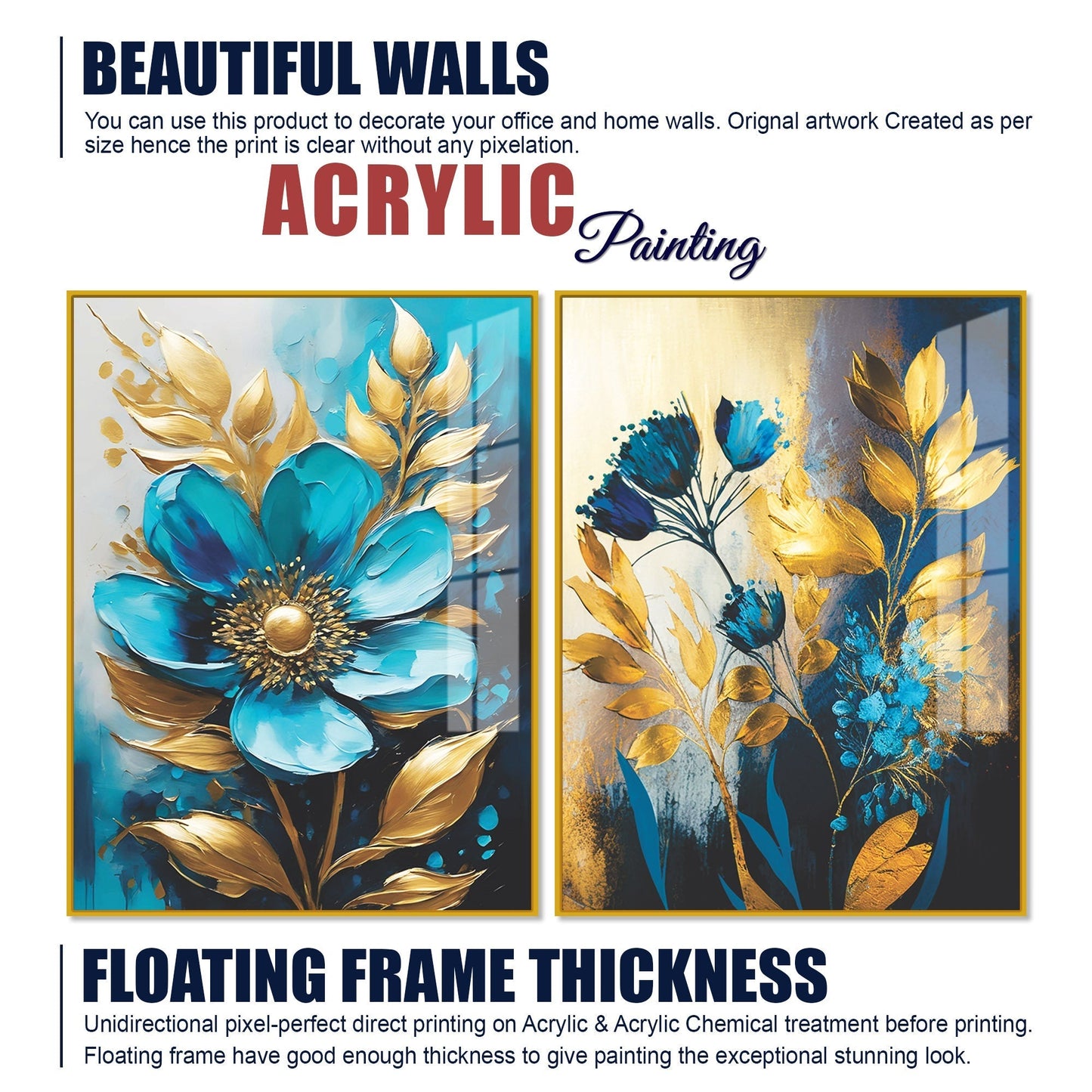 Premium Textuur Blauwe Bloem Artistieke Acryl Zwevende Wand Schilderij Set Van 2