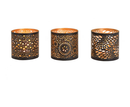 Zwart metalen windlichtjes met gouden afwerking. Set van 2