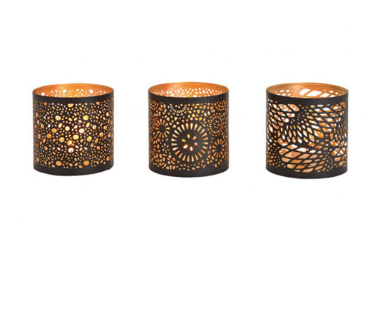 Zwart metalen windlichtjes met gouden afwerking. Set van 2