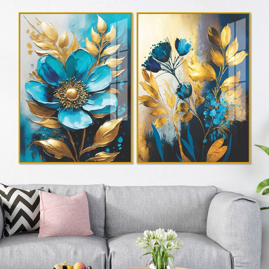 Premium Textuur Blauwe Bloem Artistieke Acryl Zwevende Wand Schilderij Set Van 2